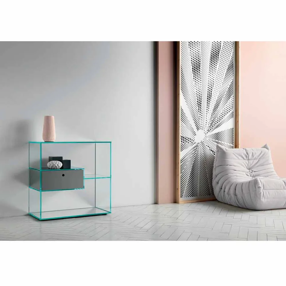 Wall Entrance Console in Extra-clear Glass with Lacquered Drawer - Linzy Viadurini