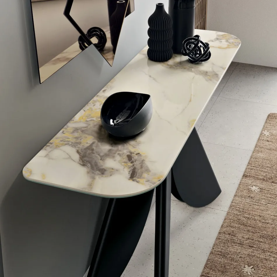 Cristina Metal Console Table with Marble-Effect Ceramic Top for the Living Room Viadurini