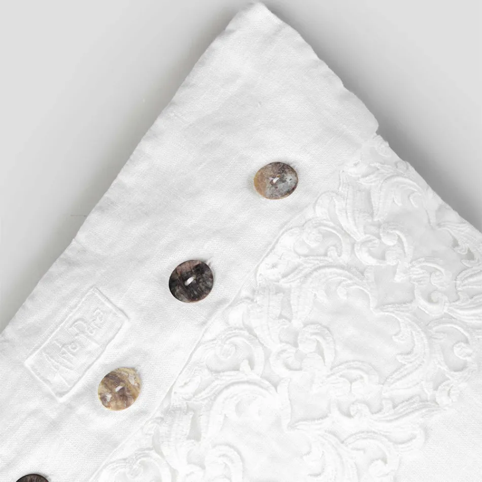 White Square Cushion Cover with Italian Luxury Lace and Buttons - Logos Viadurini