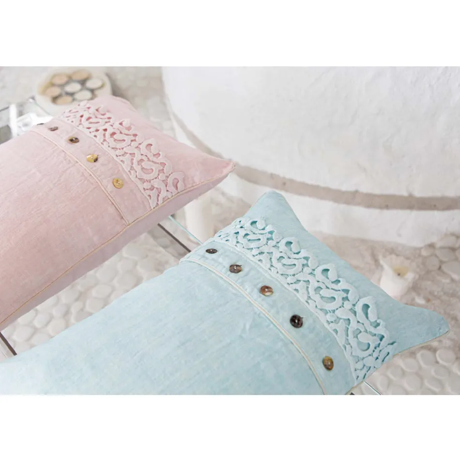 Pillowcase in Colored Linen, Poema Lace and Italian Luxury Piping - Stego Viadurini
