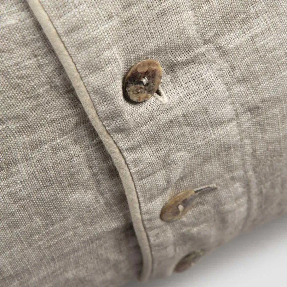 Heavy Linen Pillowcase with Agoya Button Decoration and Piping - Mediterranean Viadurini