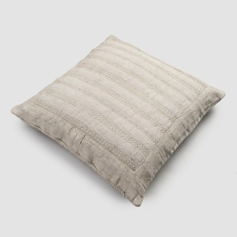 Square Pillowcase in Chalk Linen or Retro Decoration with Sphere Embroidery and Frame - Elbow Viadurini