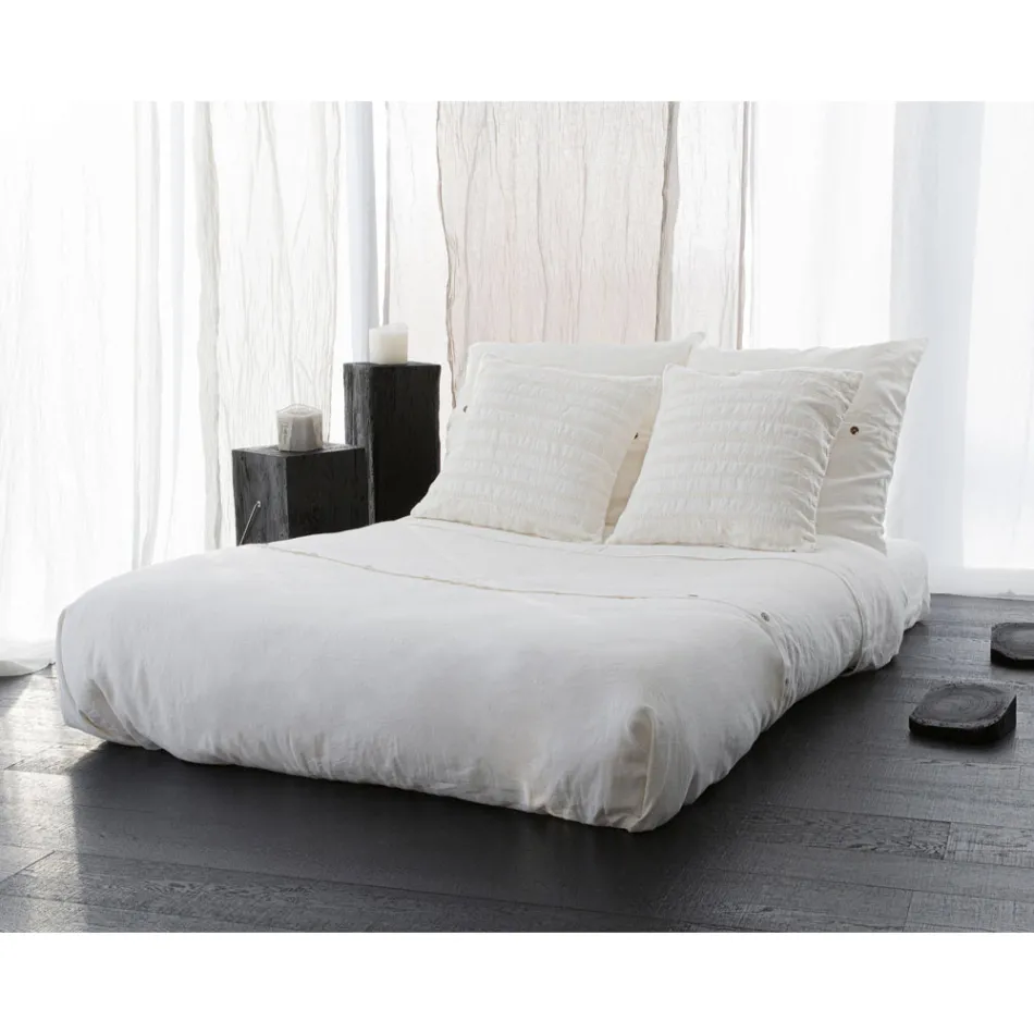 Square Pillowcase in Chalk Linen or Retro Decoration with Sphere Embroidery and Frame - Elbow Viadurini