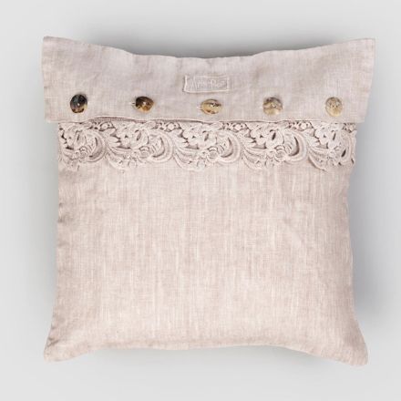 Square Pillowcase in Dusty or Retro Linen with Buttons and Armonia Lace - Logos Viadurini