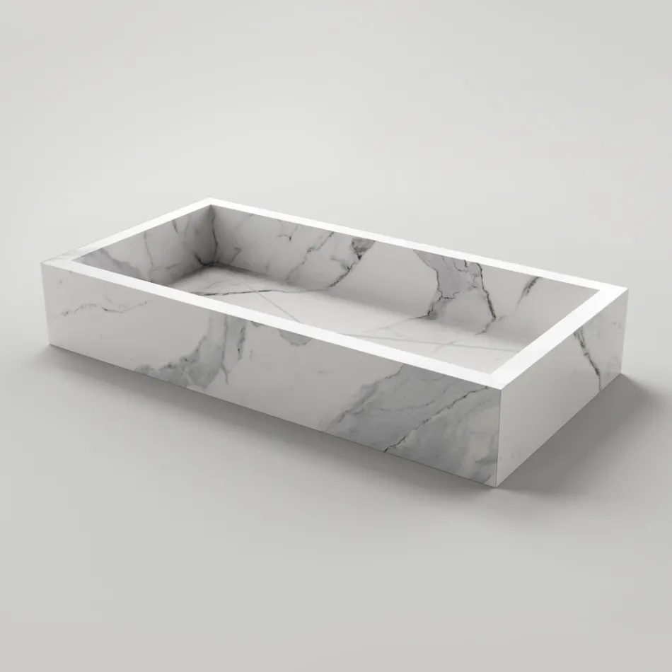 Bathroom Washbasin in Marble Effect Porcelain Stoneware Made in Italy - Ludmilla Viadurini
