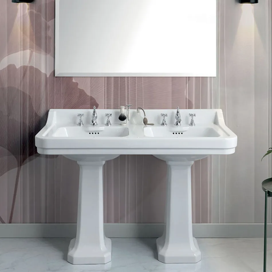 Column Console Washbasin in Ceramic Double Basin Made in Italy - Wollie Viadurini