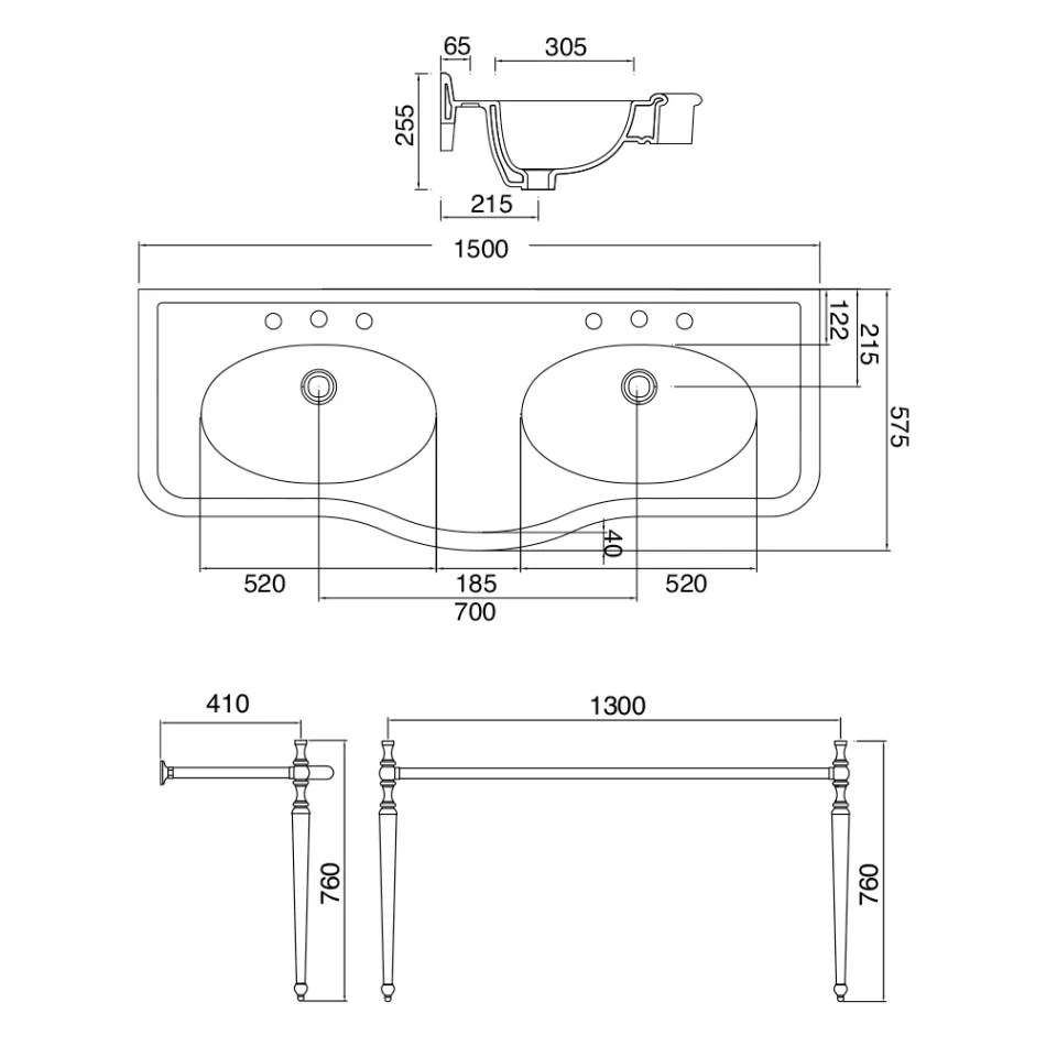 Console Washbasin with Double Ceramic Bowl, Made in Italy Vintage - Paulina Viadurini