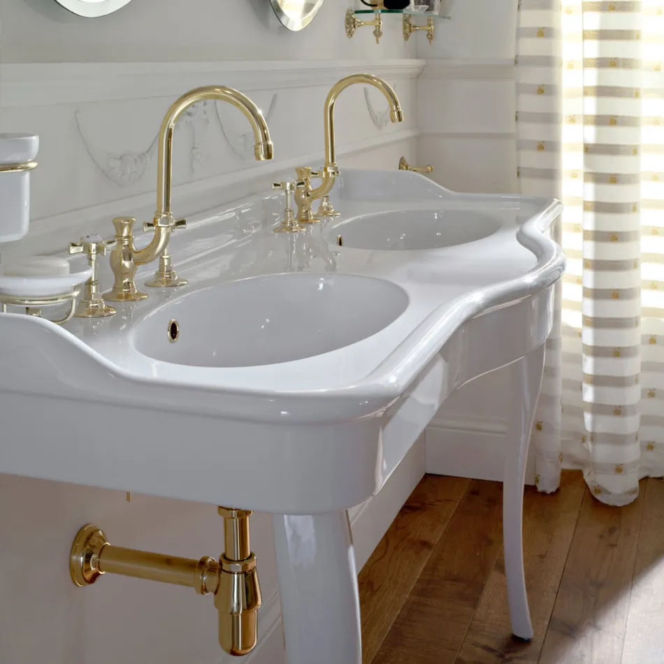 Vintage Console Washbasin with Double Bowl and Ceramic Feet Made in Italy - Paulina Viadurini