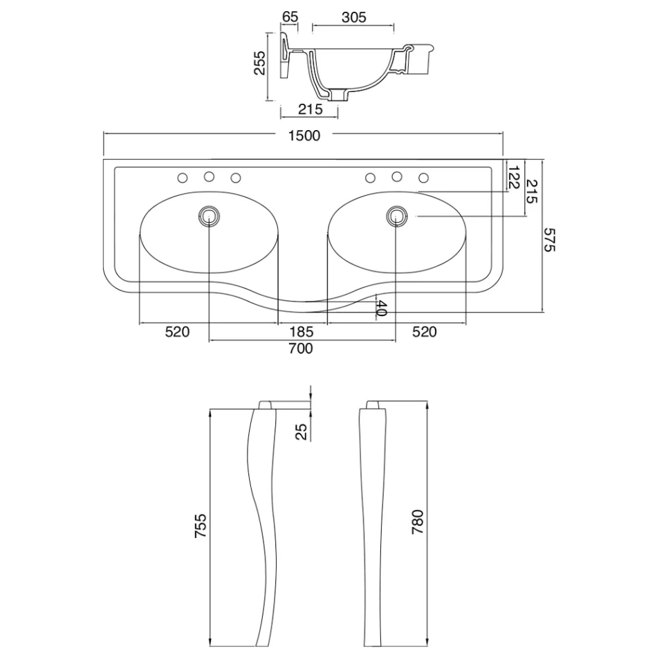Vintage Console Washbasin with Double Bowl and Ceramic Feet Made in Italy - Paulina Viadurini