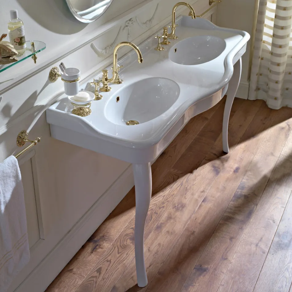 Vintage Console Washbasin with Double Bowl and Ceramic Feet Made in Italy - Paulina Viadurini