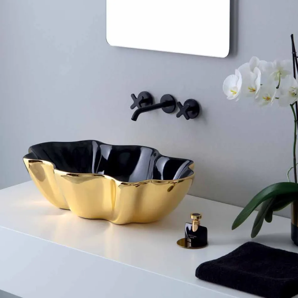 Modern countertop washbasin in gold and black ceramic made in Italy Cube Viadurini