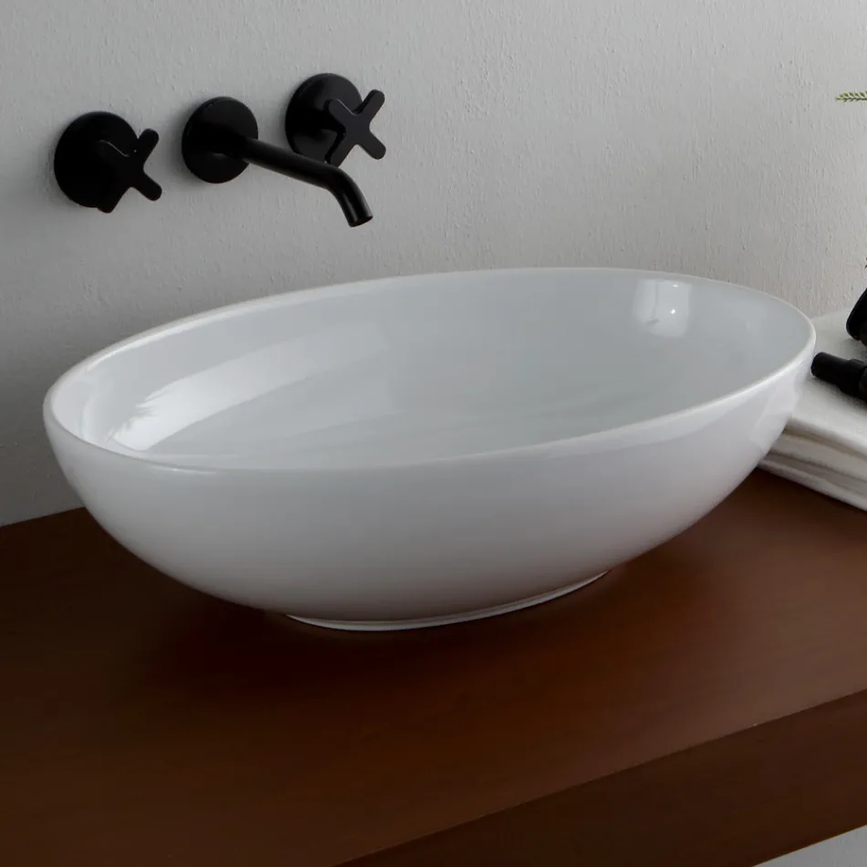 Oval Countertop Washbasin in Glossy Ceramic Made in Italy - Ferry Viadurini