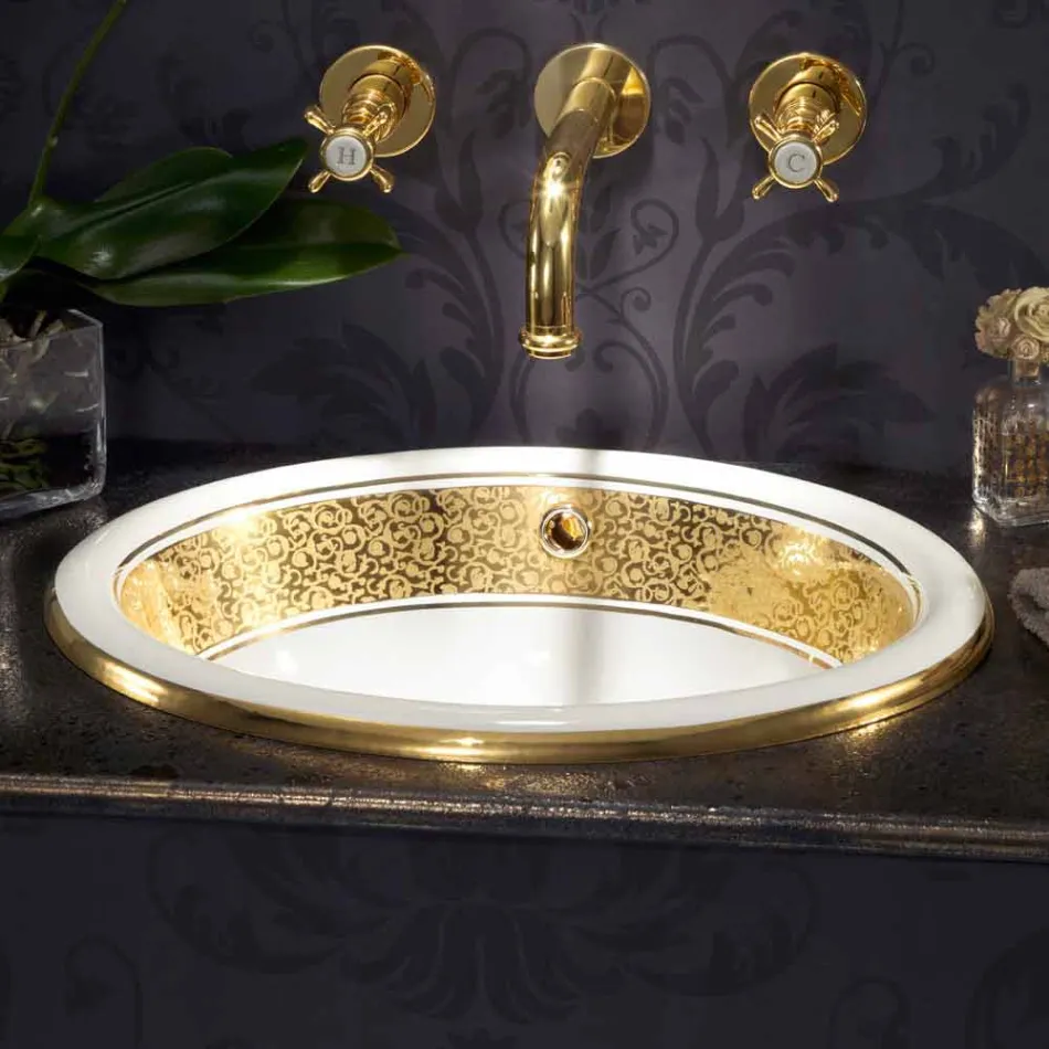 Round built-in sink in fire clay and gold made in Italy, Otis Viadurini