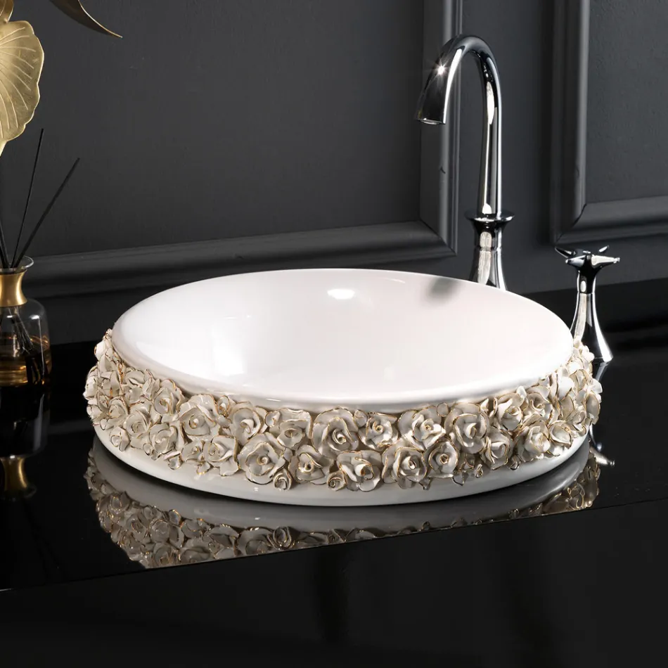 Porcelain washbasin with hand-applied petals Made in Italy - Amarone Viadurini