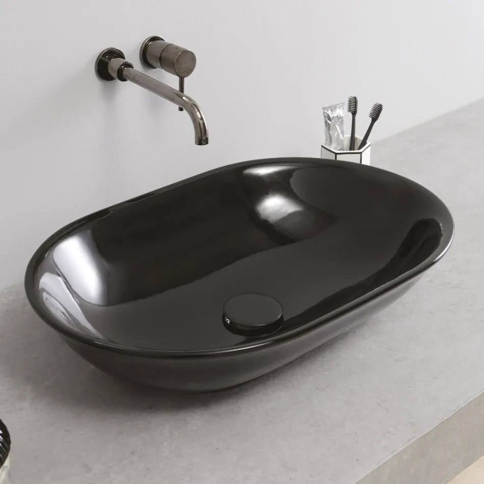 Oval Countertop Washbasin in Glossy Colored Ceramic Made in Italy - Nelly Viadurini