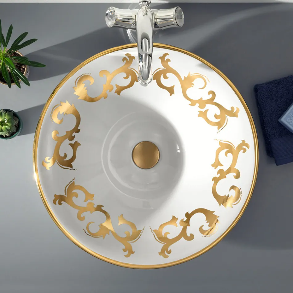 Semi-recessed washbasin with Cobalt Blue and Gold or Gold decorations Made in Italy - Capatosta Viadurini