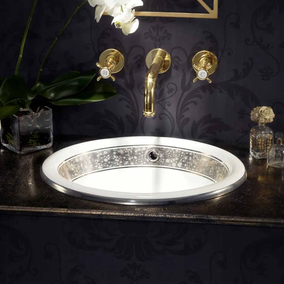 Semi-recessed washbasin in Fire Clay with band in different finishes - Botticino Viadurini