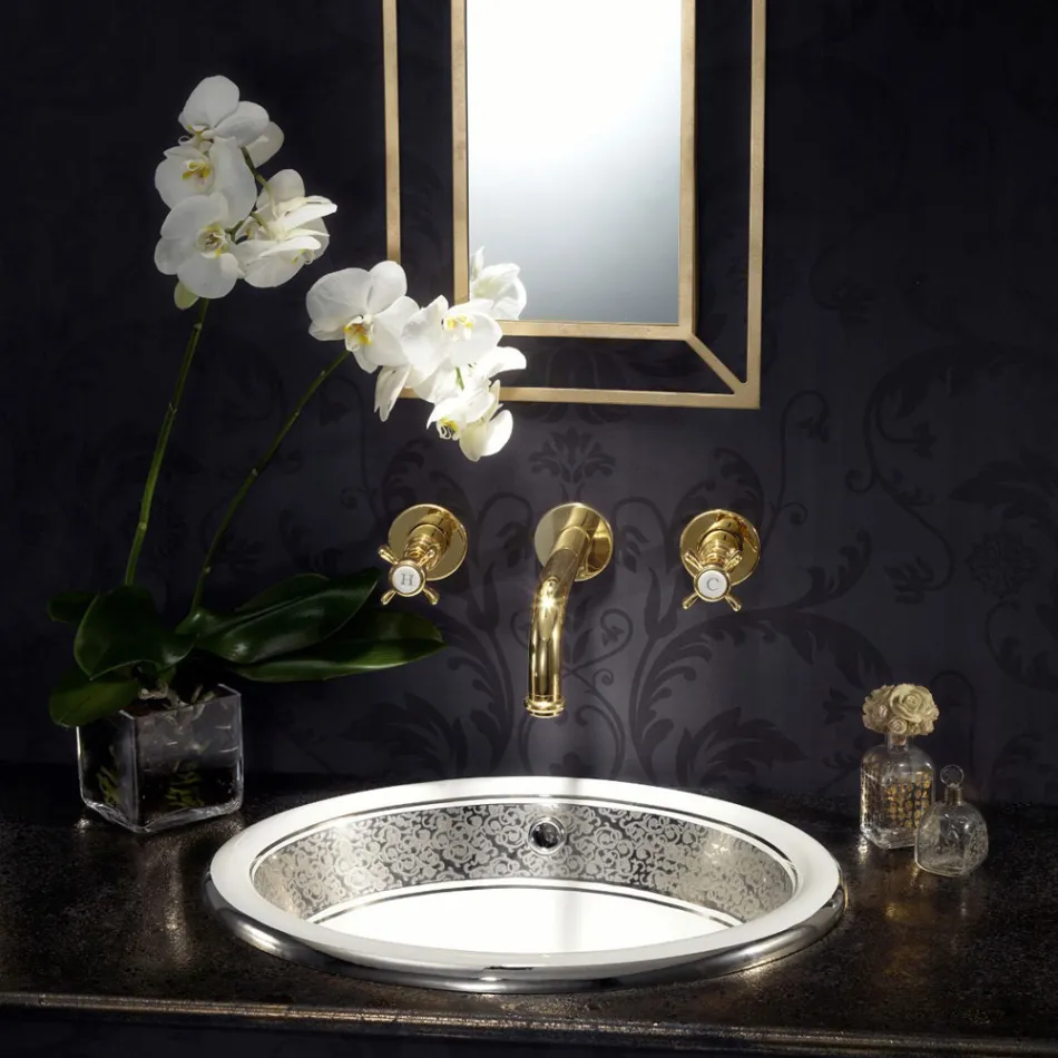 Semi-recessed washbasin in Fire Clay with band in different finishes - Botticino Viadurini