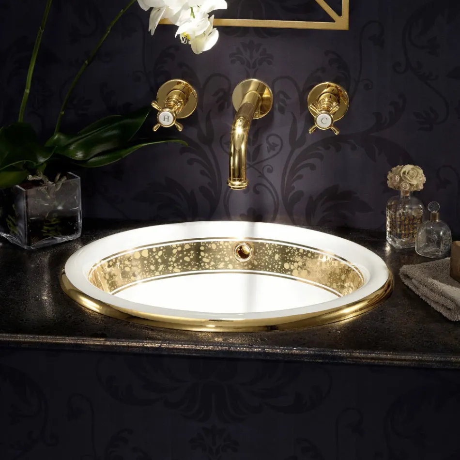 Semi-recessed washbasin in Fire Clay with band in different finishes - Botticino Viadurini