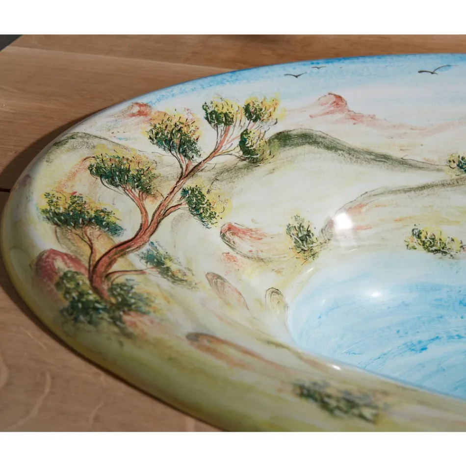 Semi-recessed washbasin in Fire Clay with Landscape by Deruta Made in Italy - Principe Viadurini