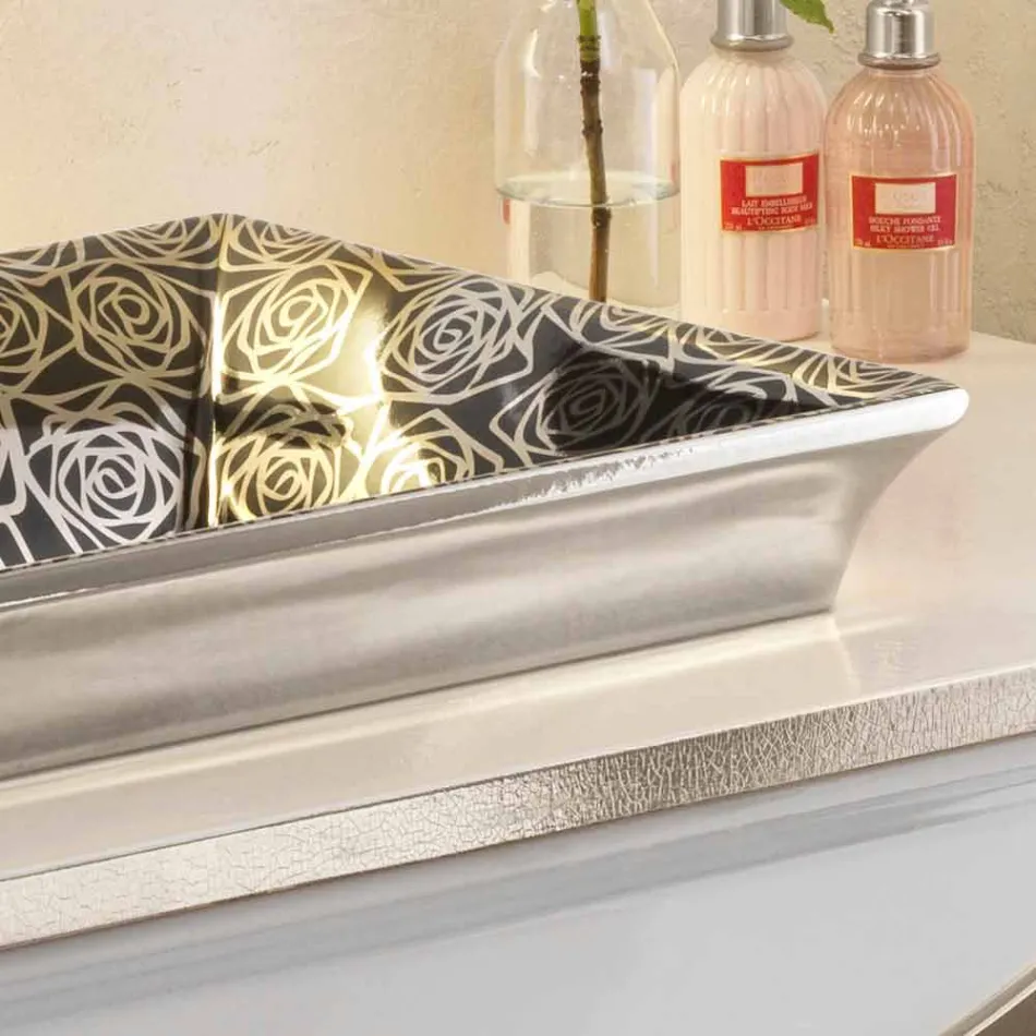 Semi-recessed sink in modern fire clay decorated by hand in Italy, Guido Viadurini