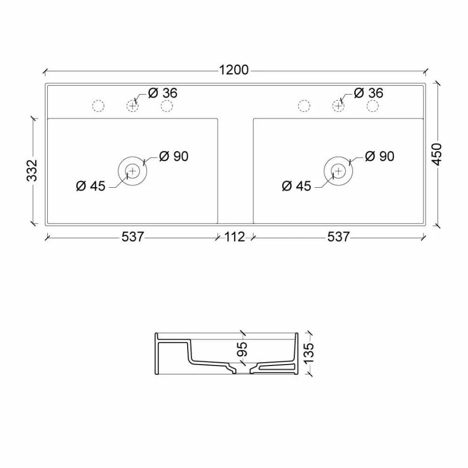 Modern design wall-mounted ceramic washbasin Sun 120x45 cm made in Italy Viadurini