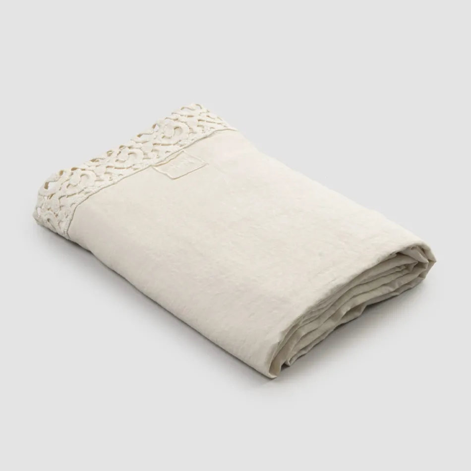 Double Bed Sheet in Linen with Poema Lace, 3 Finishes - Dulcis Viadurini
