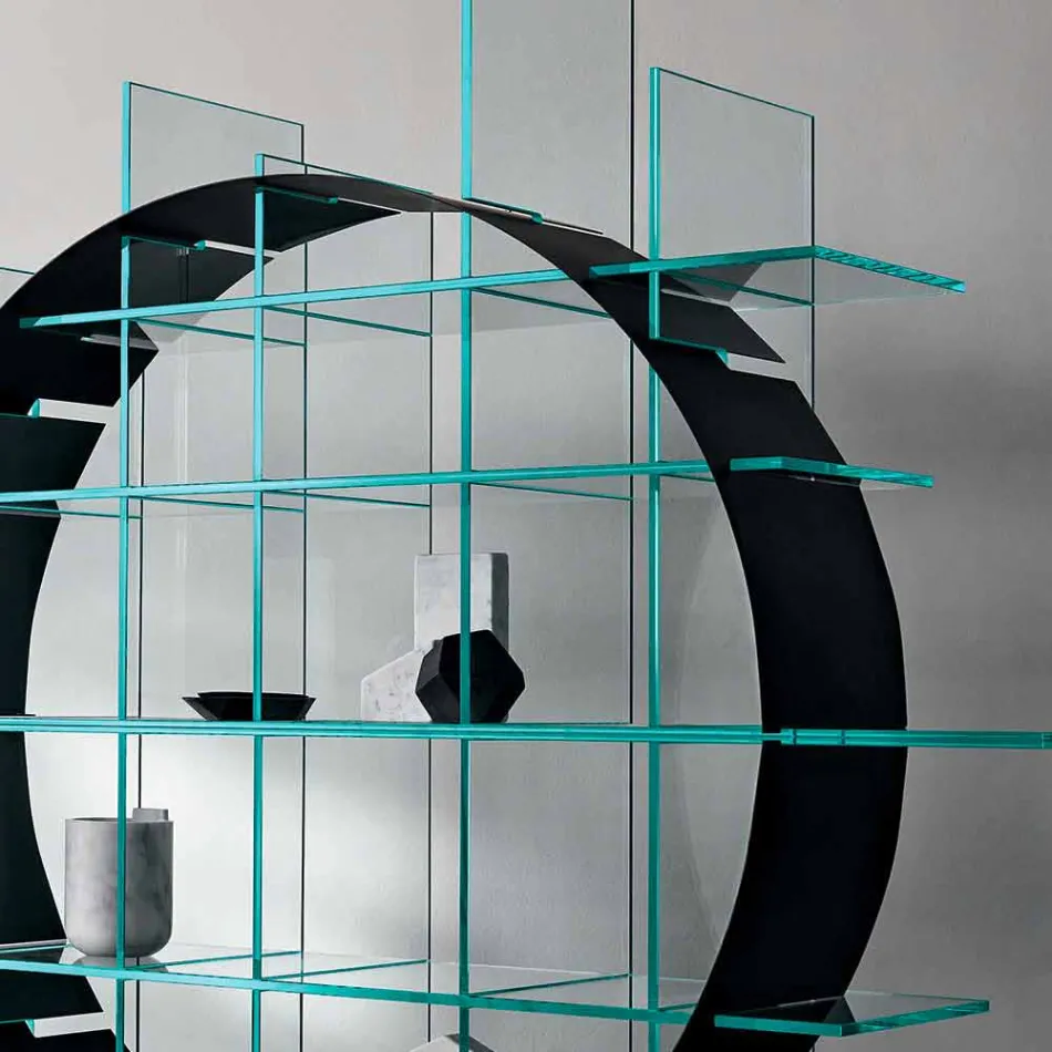 Freestanding Circle Bookcase in Extraclear Glass and Brushed Black - Marco Viadurini