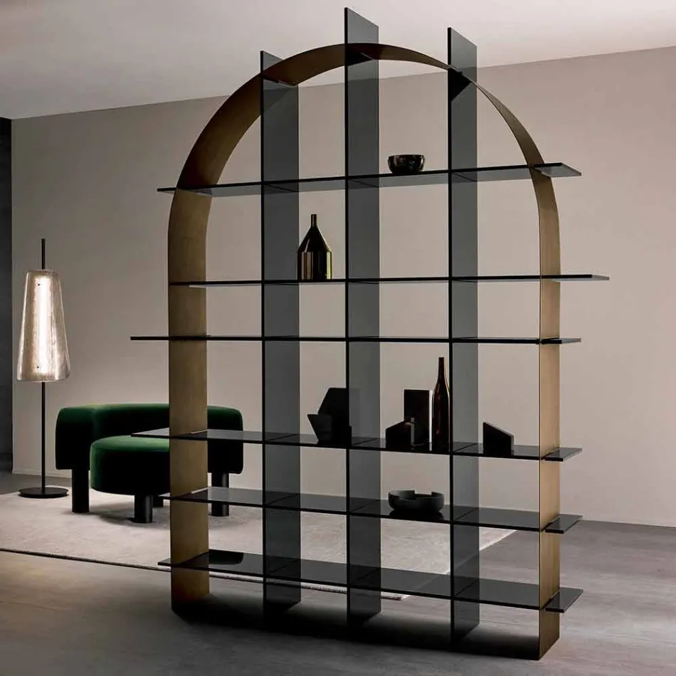 Freestanding Arched Bookcase in Smoked Glass and Brushed Bronze Design - Marco Viadurini