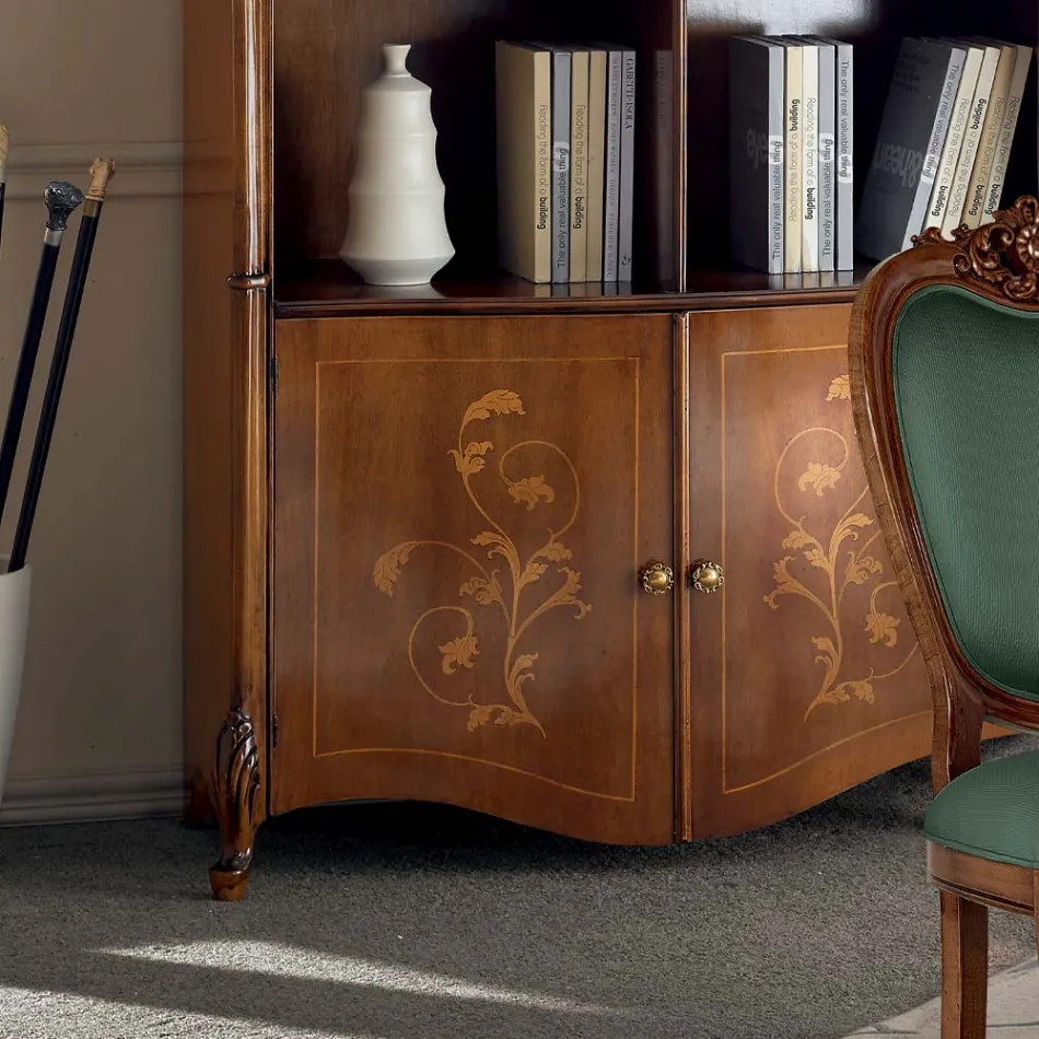 Bookcase in Inlaid Bassano Walnut Wood with Doors Made in Italy - Commodo Viadurini