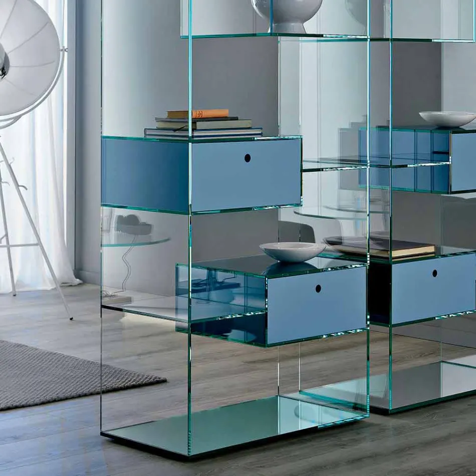 Double Extra-clear Glass Living Room Bookcase with or without Drawers - Linzy Viadurini