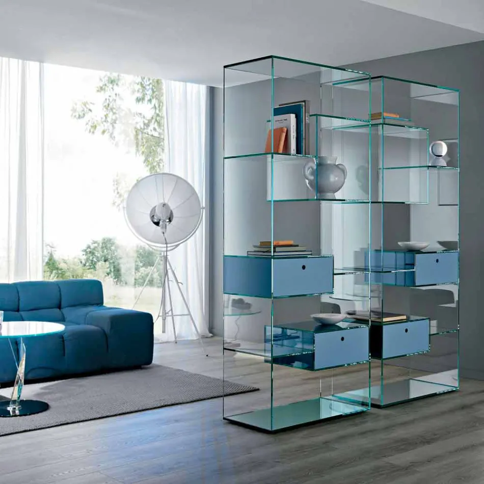 Double Extra-clear Glass Living Room Bookcase with or without Drawers - Linzy Viadurini