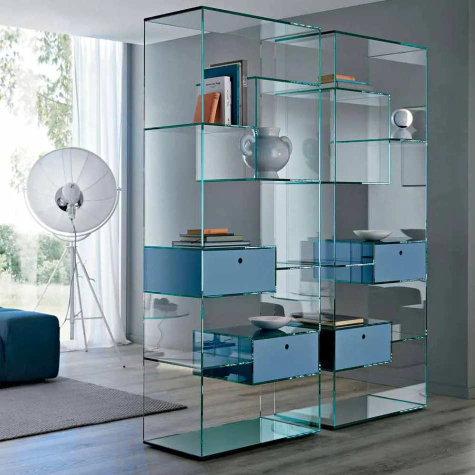 Double Extra-clear Glass Living Room Bookcase with or without Drawers - Linzy Viadurini