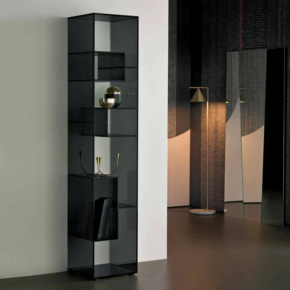 Single Column Bookcase in Extra-clear or Smoked Glass for Living Room - Linzy Viadurini