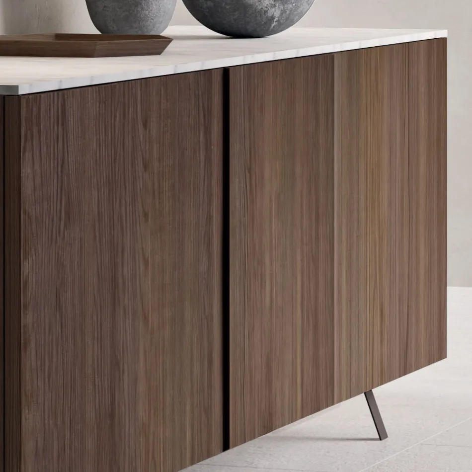 Sideboard with 2 Doors for Living Room, in Ecological Wood and Metal Top in Marble - Brown Viadurini