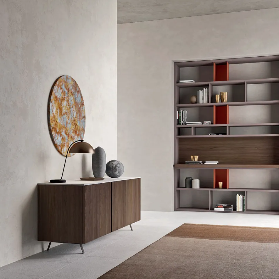 Sideboard with 2 Doors for Living Room, in Ecological Wood and Metal Top in Marble - Brown Viadurini