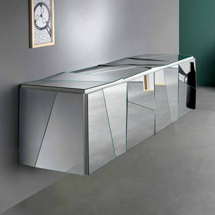 Wall Hanging Sideboard in Matt White Wood and Mirrored Glasses - Senese Viadurini