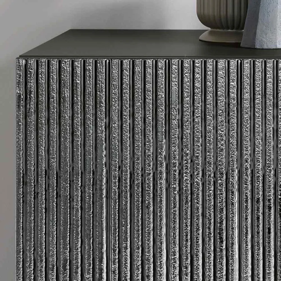 Three-Door Sideboard in Striped Glass and Melamine-Finished Wood Made in Italy - Ninfa Viadurini