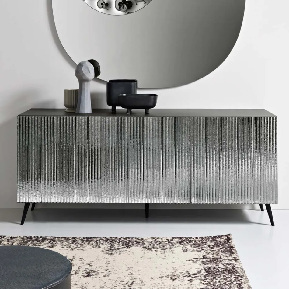 Three-Door Sideboard in Striped Glass and Melamine-Finished Wood Made in Italy - Ninfa Viadurini