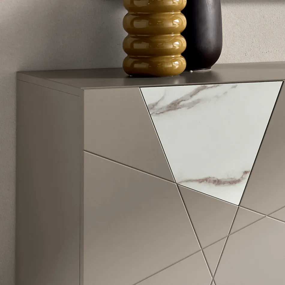 Sideboard with 2 Doors in Lacquered MDF with Pantograph and Marble Effect Glass Inserts - Danila Viadurini