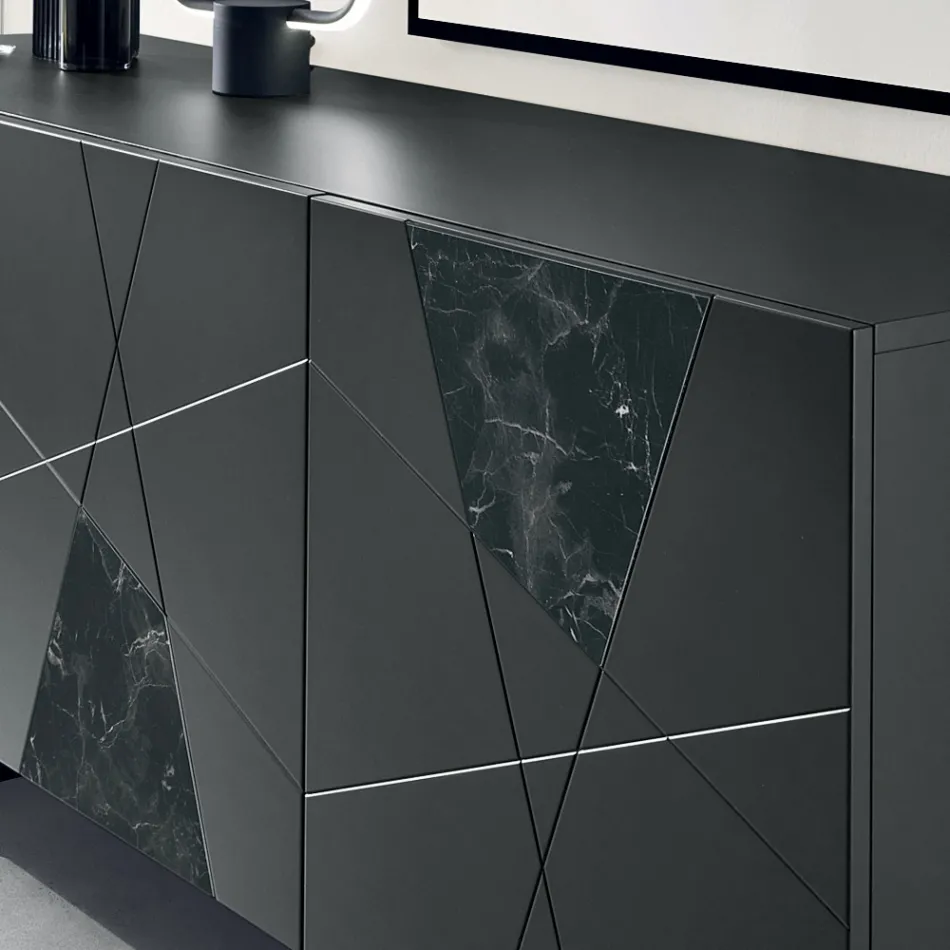 Sideboard with 3 Doors in Lacquered MDF with Pantograph and Marble Effect Glass Inserts - Danila Viadurini