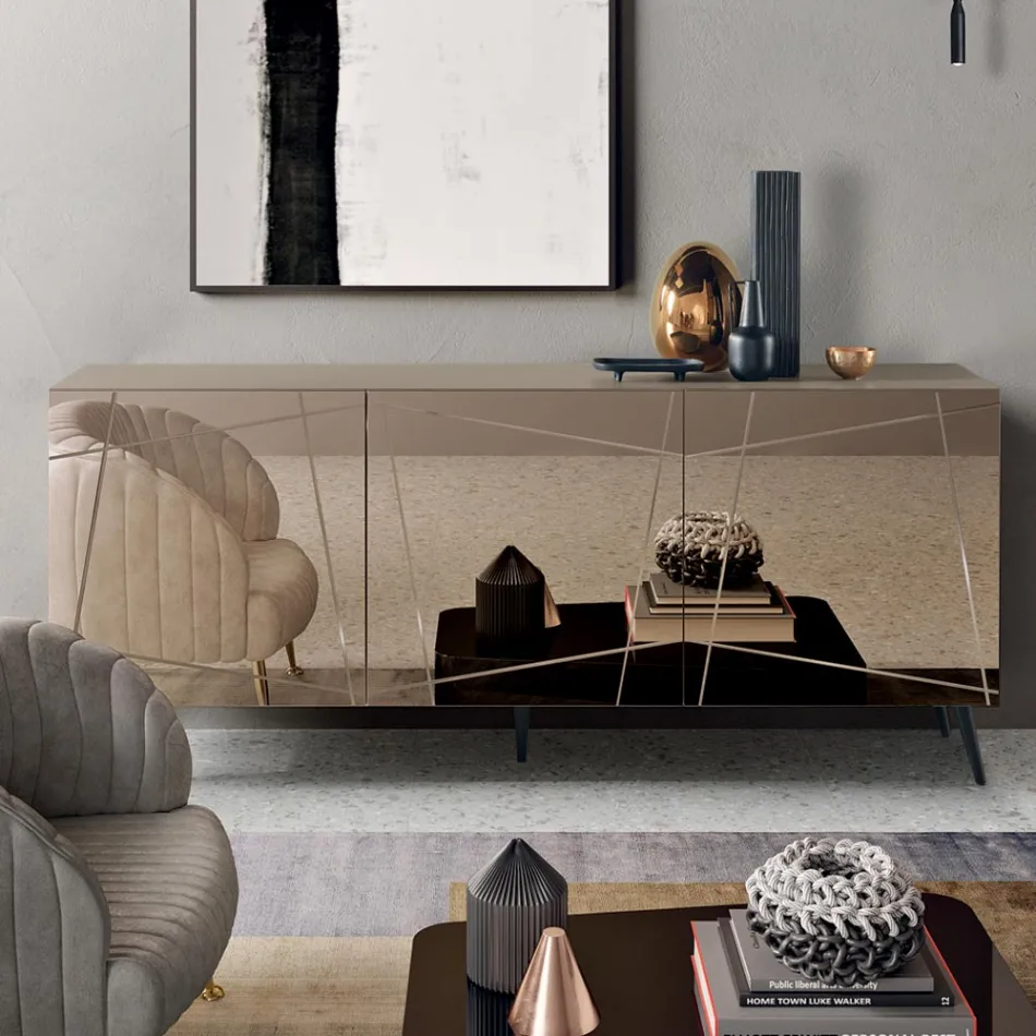 Sideboard with 3 Mirrored Glass Doors and Metal Base - Eleonora Viadurini