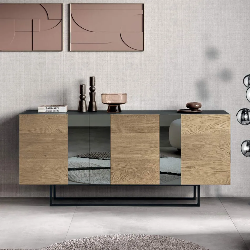 Sideboard with 3 Oak Veneer Doors and Mirror Inserts - Enrica Viadurini