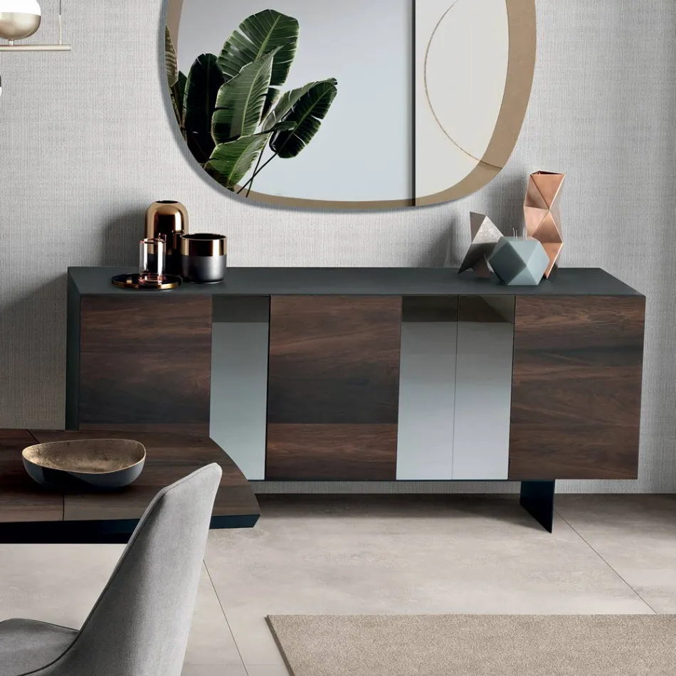 Sideboard with 3 Oak Veneer Doors and Mirror Inserts - Enrica Viadurini