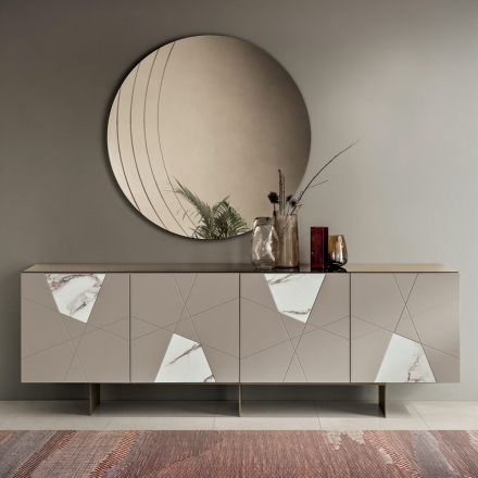Sideboard with 4 Doors in Lacquered MDF with Pantograph and Marble Effect Glass Inserts - Danila Viadurini