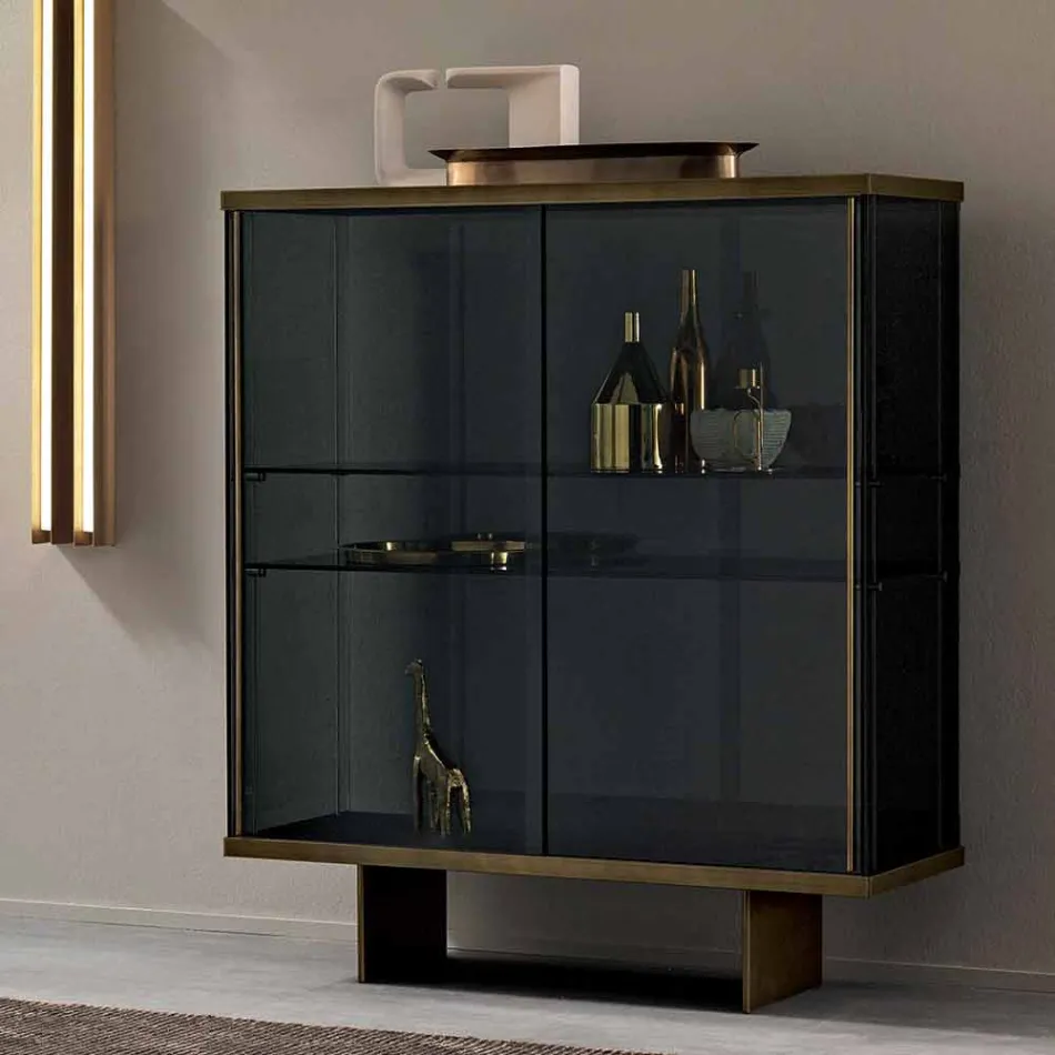 Living Room Sideboard in Smoked Glass and Green Guatemala Marble - Leonarda Viadurini