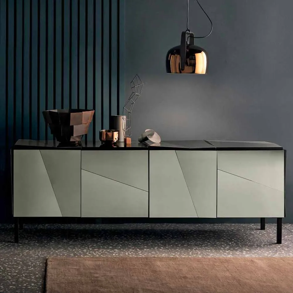 Mobile Living Room Sideboard in Matt Black Wood with Smoked Mirrors and Legs - Senese Viadurini