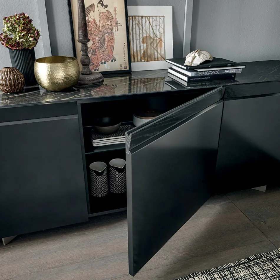 3-Door Wooden Sideboard with Inclined Edge and Ceramic Top - Mondolfo Viadurini