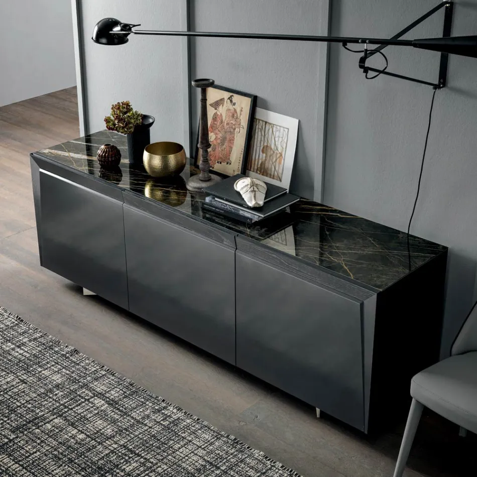 3-Door Wooden Sideboard with Inclined Edge and Ceramic Top - Mondolfo Viadurini