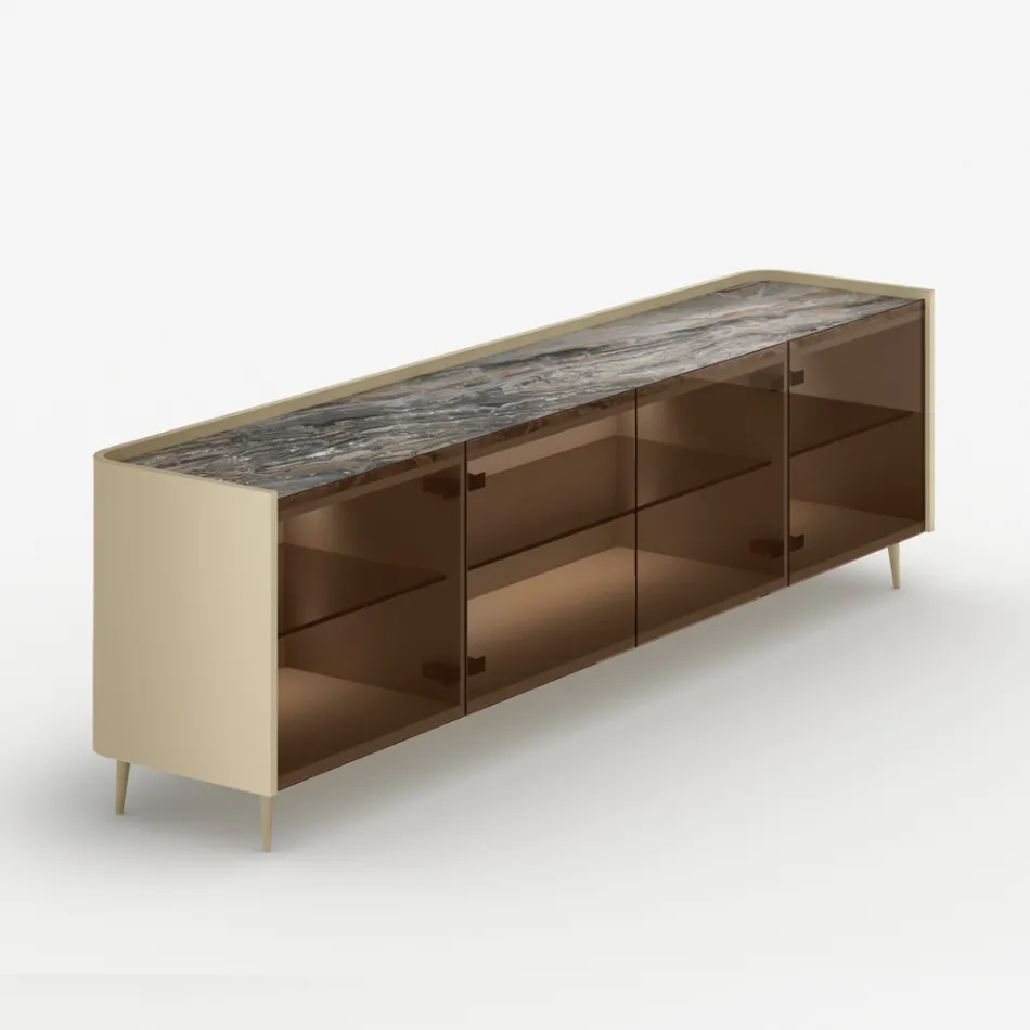 Curved Lacquered Wood Sideboard with Bronze Glass Doors Made in Italy - Lyra Viadurini